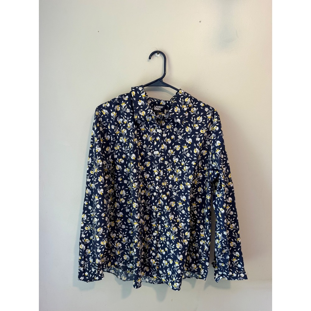 Lands End Womens Navy Blue Yellow Floral Daisy Long Sleeve Button Down Shirt